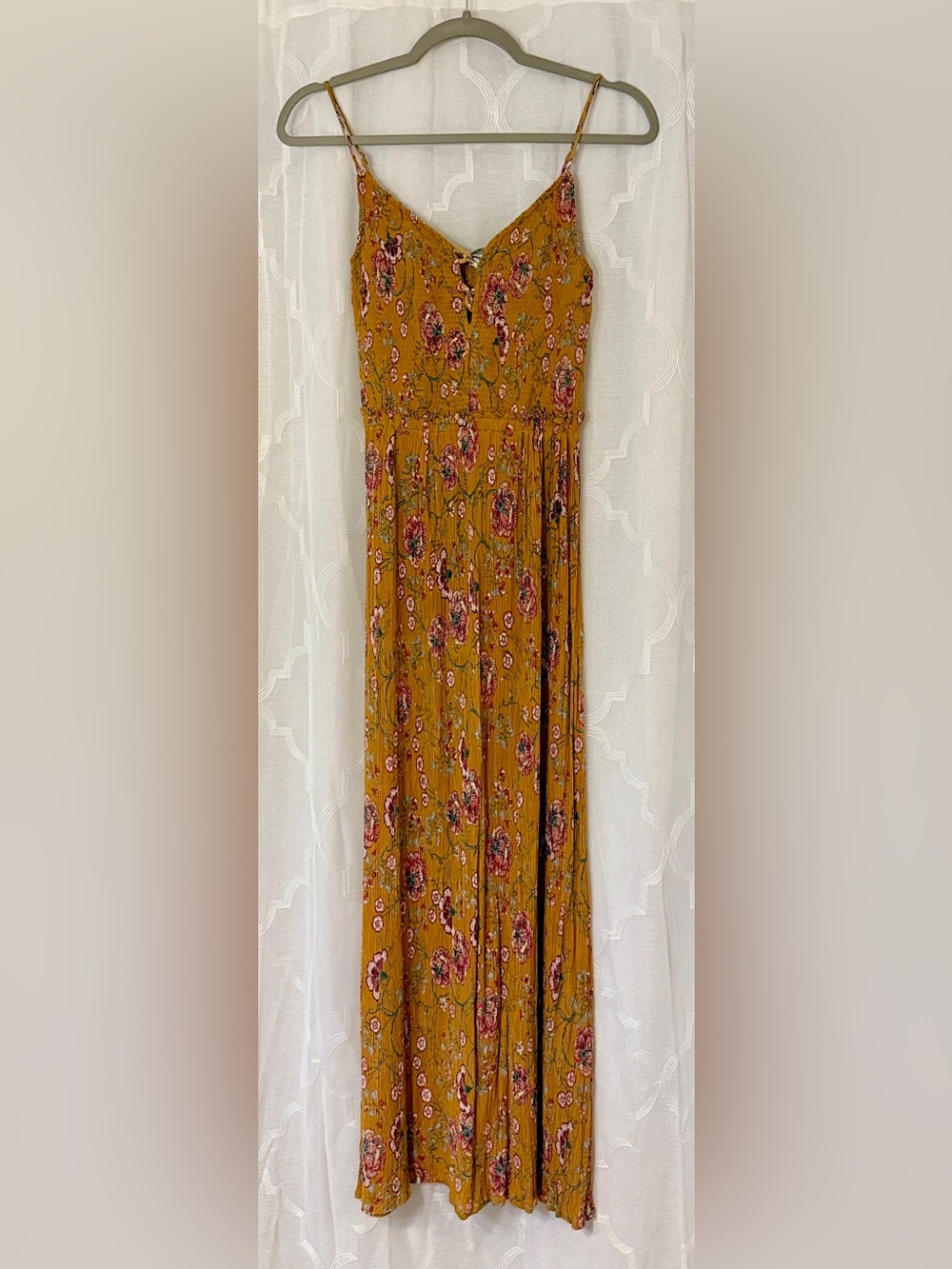 Patrons of Peace XS Mustard Floral Boho Smocked Maxi Dress